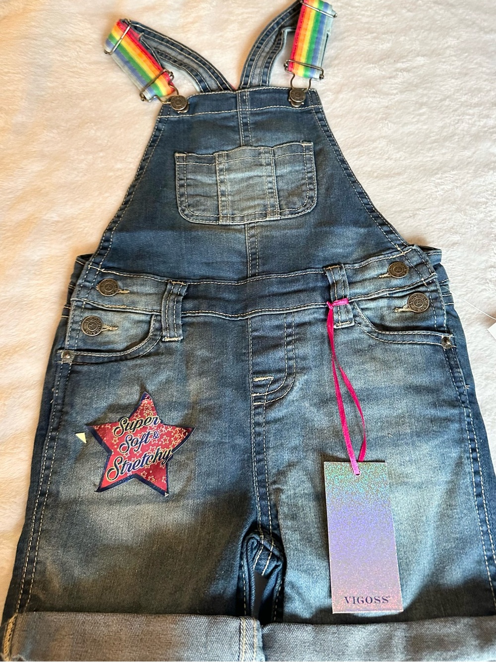 Vigoss Blue Denim Overalls with Rainbow Straps and Star Patch